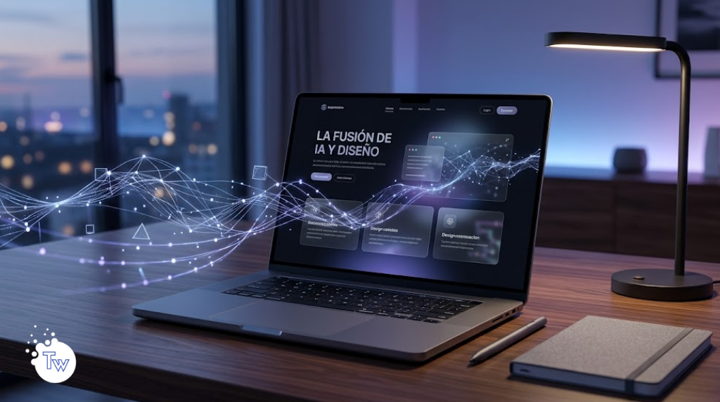 Interfaz de diseño web futurista que integra inteligencia artificial y estética moderna para 2026.