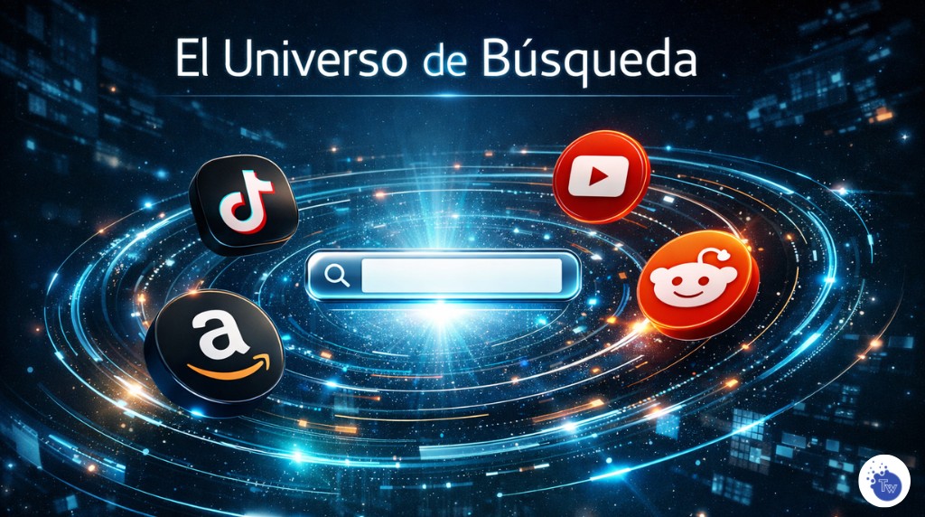 Visualización 3D del ecosistema de búsqueda moderno que integra Google, TikTok, YouTube y Reddit por TradeWeb. Visualización 3D del ecosistema de búsqueda moderno que integra Google, TikTok, YouTube y Reddit por TradeWeb.
