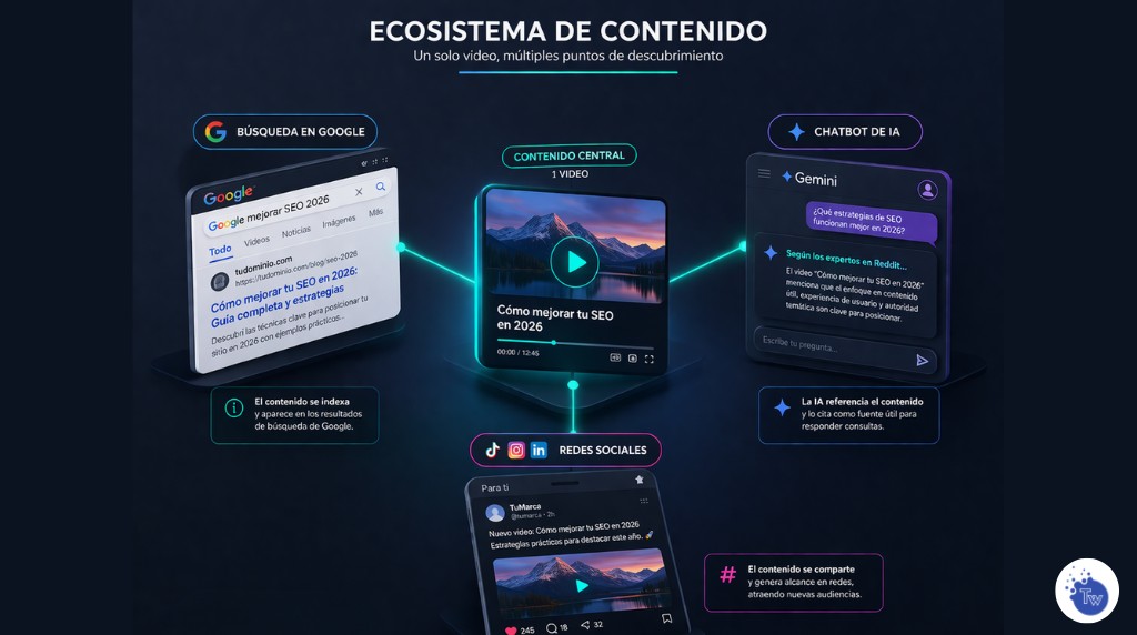 Infografía técnica de TradeWeb que muestra cómo un contenido social se posiciona en Google e influye en respuestas de IA Infografía técnica de TradeWeb que muestra cómo un contenido social se posiciona en Google e influye en respuestas de IA