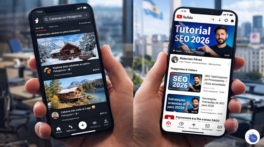 Usuario en Argentina buscando recomendaciones en TikTok y tutoriales en YouTube desde su celular Usuario en Argentina buscando recomendaciones en TikTok y tutoriales en YouTube desde su celular