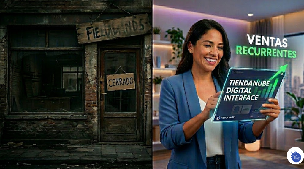 ¿Por qué mi Tiendanube no vende? Contraste visual entre un local físico antiguo con cartel de 'Cerrado' y una tablet moderna mostrando una interfaz de Tiendanube con ventas en crecimiento.