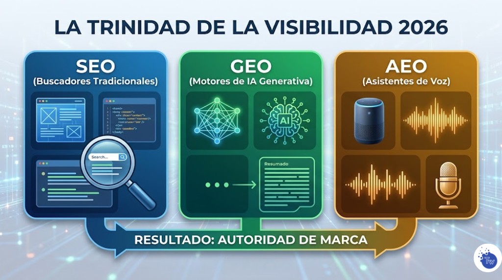 Infografía detallada de TradeWeb que explica los tres pilares de la visibilidad: SEO para buscadores, GEO para IAs y AEO para asistentes de voz.