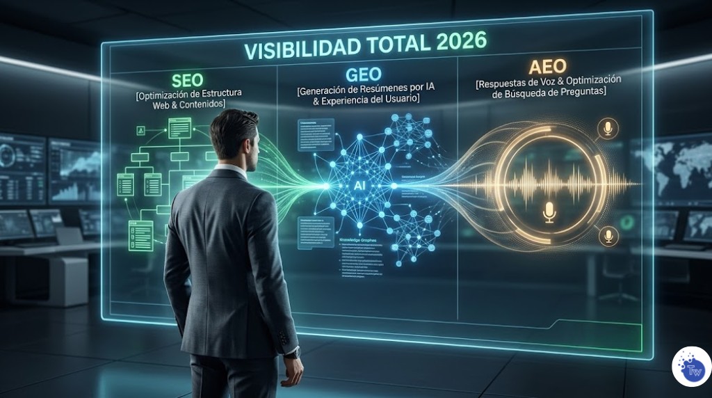 Profesional interactuando con una pantalla holográfica que muestra la interconexión entre SEO, GEO y AEO para la visibilidad de TradeWeb.