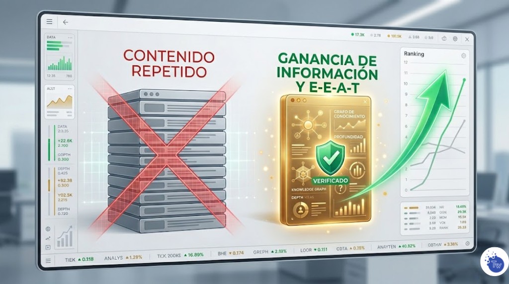 Ilustración de un panel de análisis donde el contenido con E-E-A-T y ganancia de información supera al contenido repetitivo de la competencia.