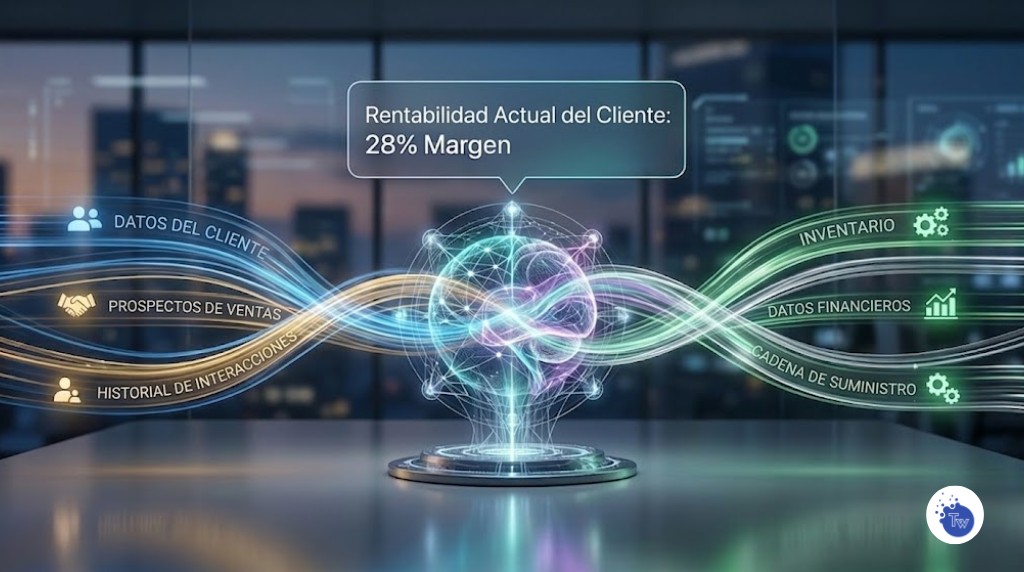 Diagrama conceptual de un 'Cerebro Digital' en 2026, integrando flujos de datos CRM (azul/oro) y ERP (verde/plata), mostrando un chat de IA que responde: "Rentabilidad Actual del Cliente: 28% Margen".