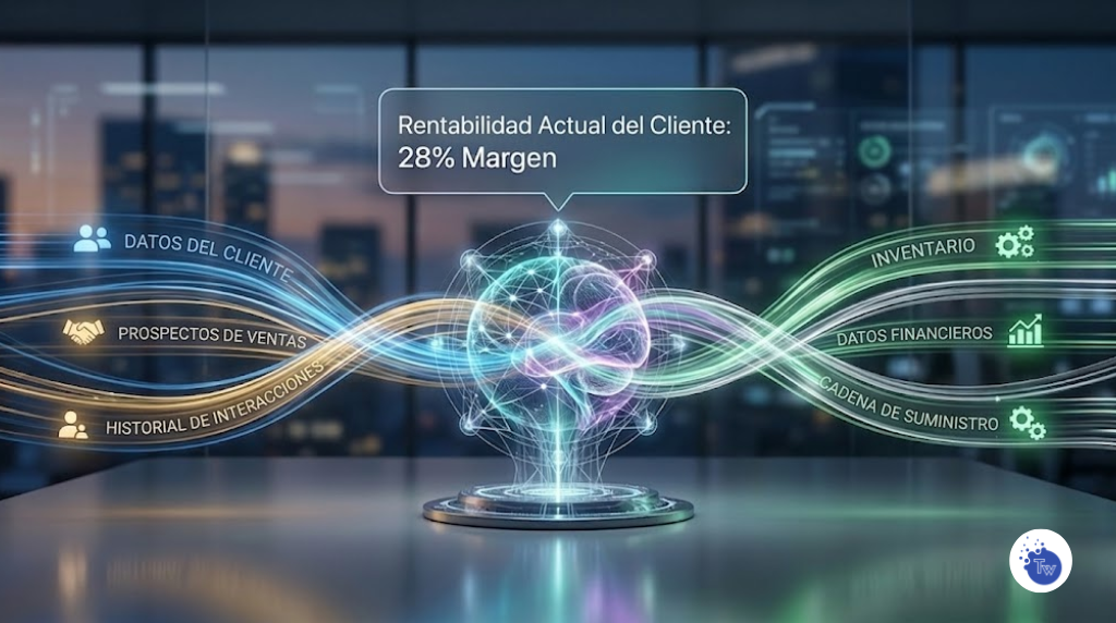 Diagrama conceptual de un 'Cerebro Digital' en 2026, integrando flujos de datos CRM (azul/oro) y ERP (verde/plata), mostrando un chat de IA que responde: "Rentabilidad Actual del Cliente: 28% Margen".