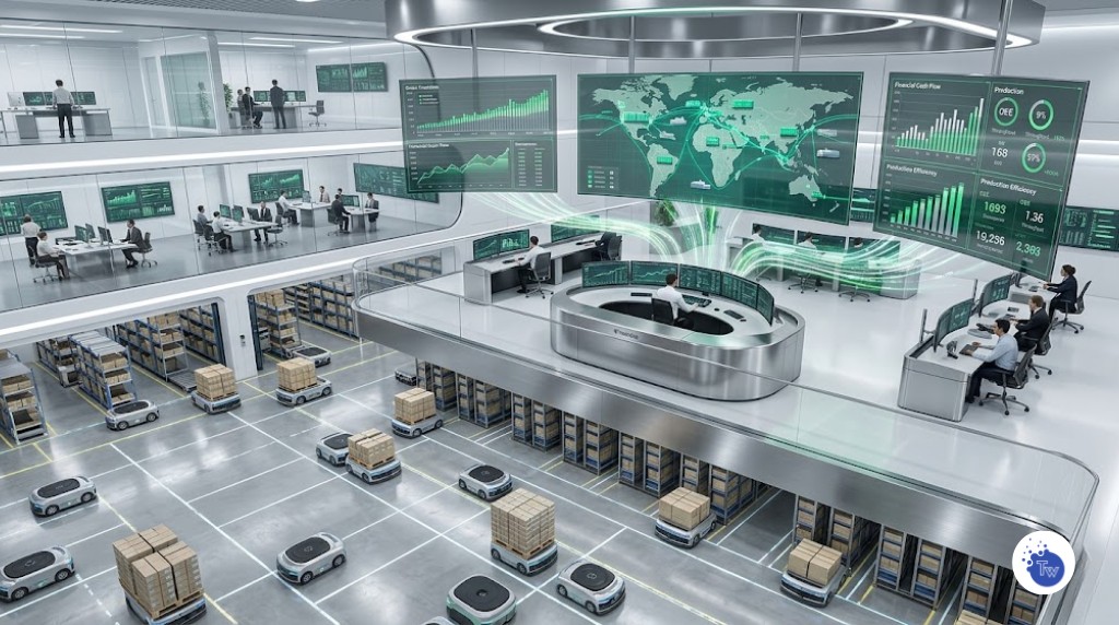 Vista aérea de un centro logístico automatizado con pantallas digitales que integran datos de la cadena de suministro y finanzas en tiempo real en un ERP moderno de 2026.