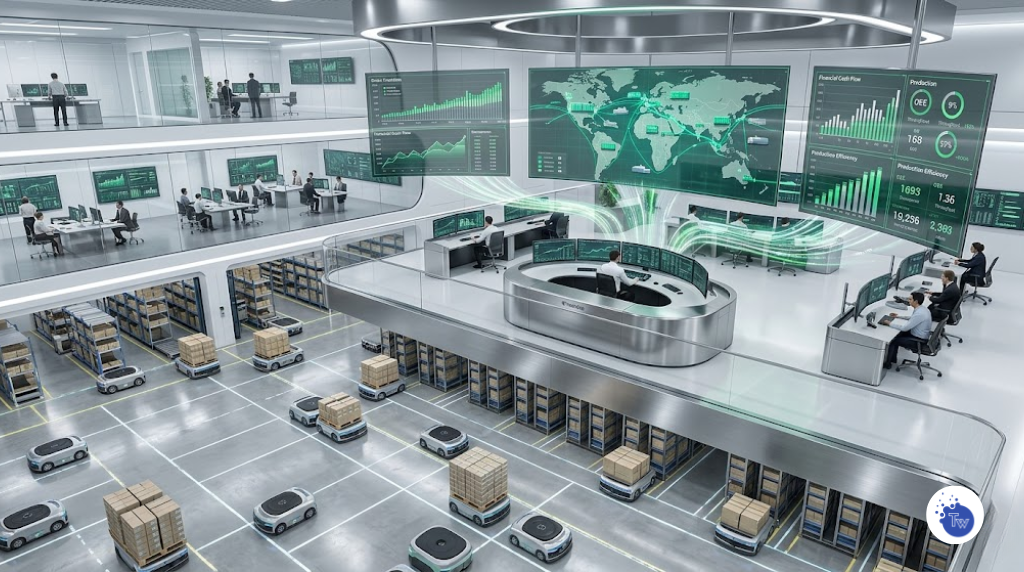 Vista aérea de un centro logístico automatizado con pantallas digitales que integran datos de la cadena de suministro y finanzas en tiempo real en un ERP moderno de 2026.