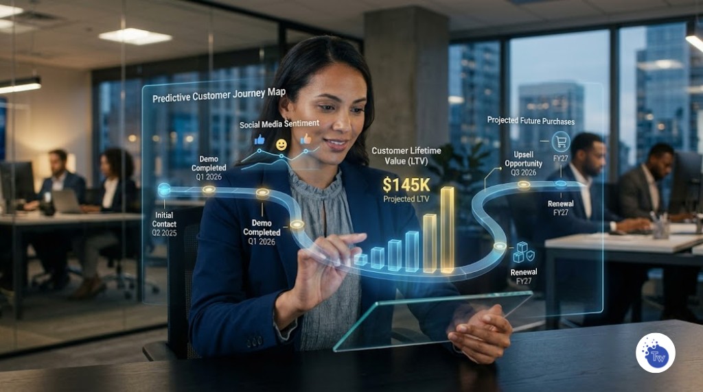 Analista B2B visualizando proyecciones de IA predictiva sobre el Customer Lifetime Value (LTV) en un CRM moderno de 2026.