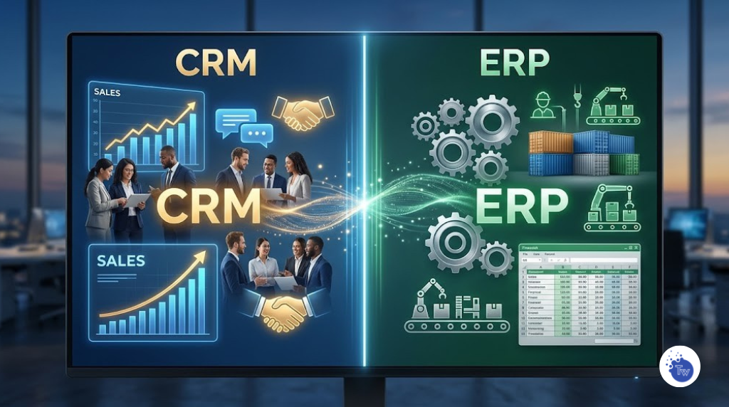 Comparativa visual entre CRM y ERP en 2026: Gestión de clientes y ventas frente a operaciones, logística y finanzas integradas por TradeWeb.