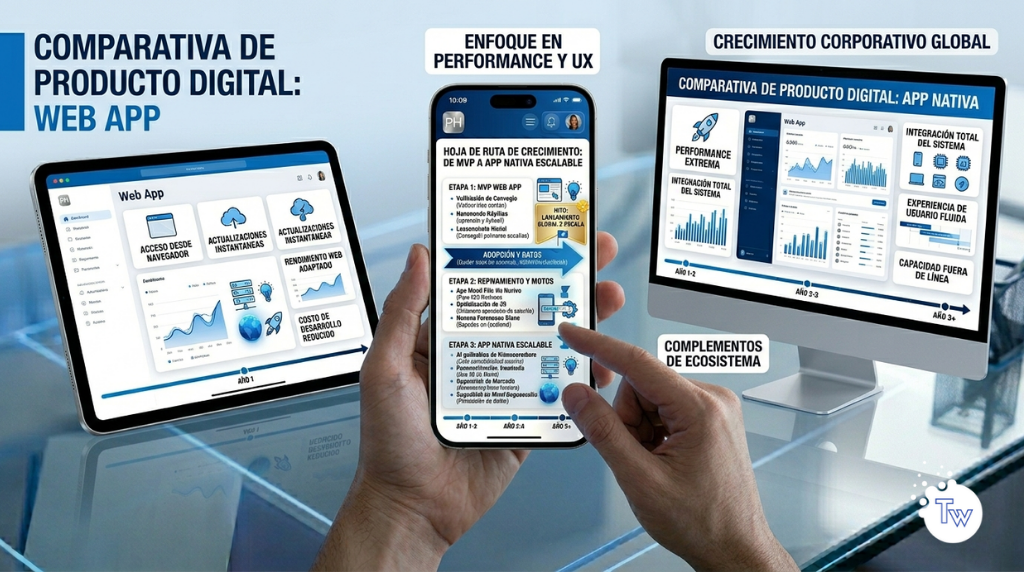 Comparación entre web app y app nativa en diferentes dispositivos mostrando diferencias de rendimiento y uso