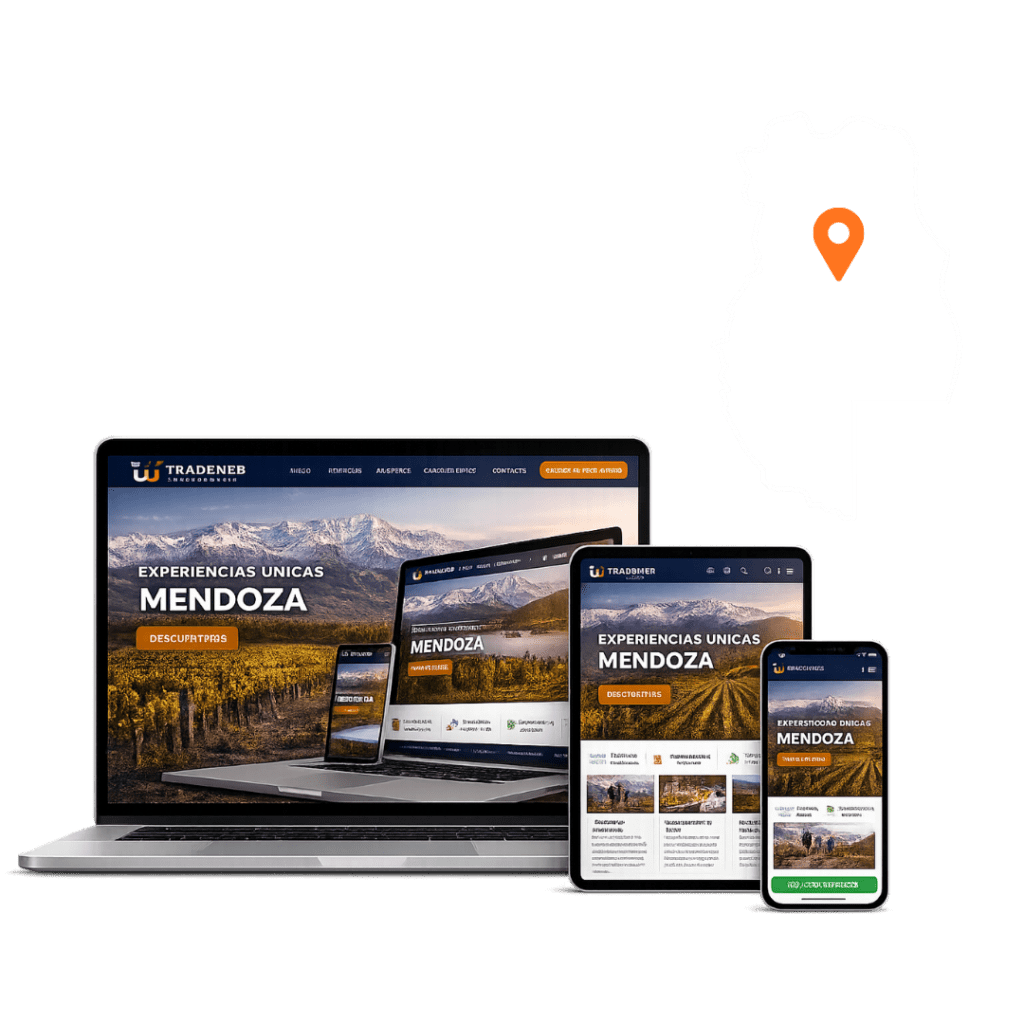 Diseño web responsive en múltiples dispositivos con mapa de Mendoza para geolocalización.