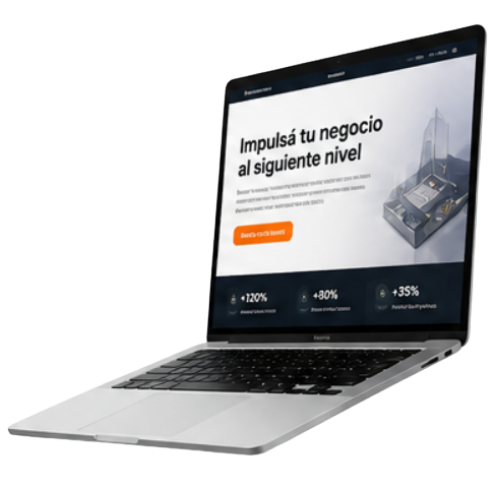 Laptop mostrando metodología de trabajo digital y métricas de crecimiento para sitios web.