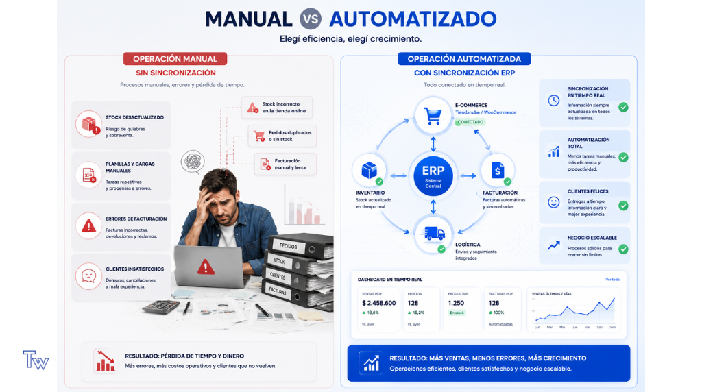 Comparación entre ecommerce manual y sincronización automática con ERP