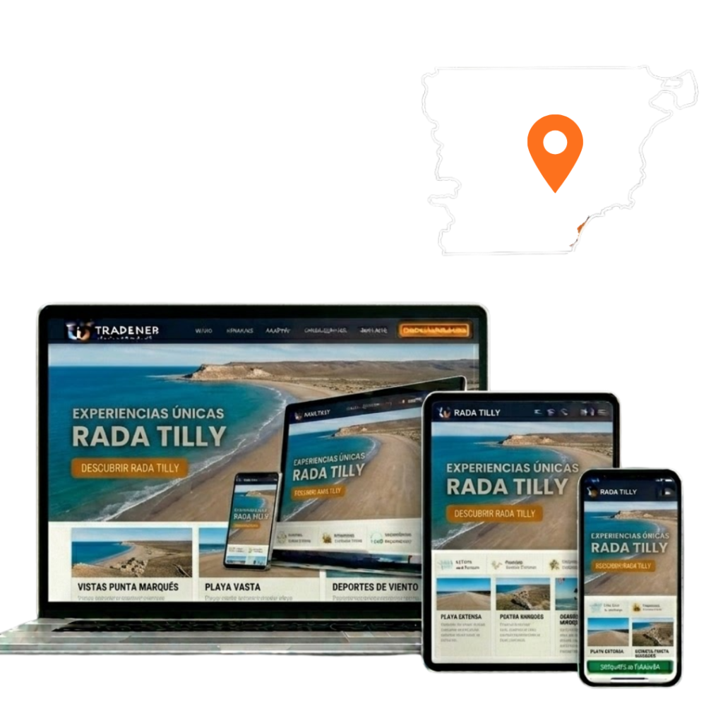 Mockup de arquitectura de soluciones online para empresas en Rada Tilly, visualizado en dispositivos móviles y escritorio.