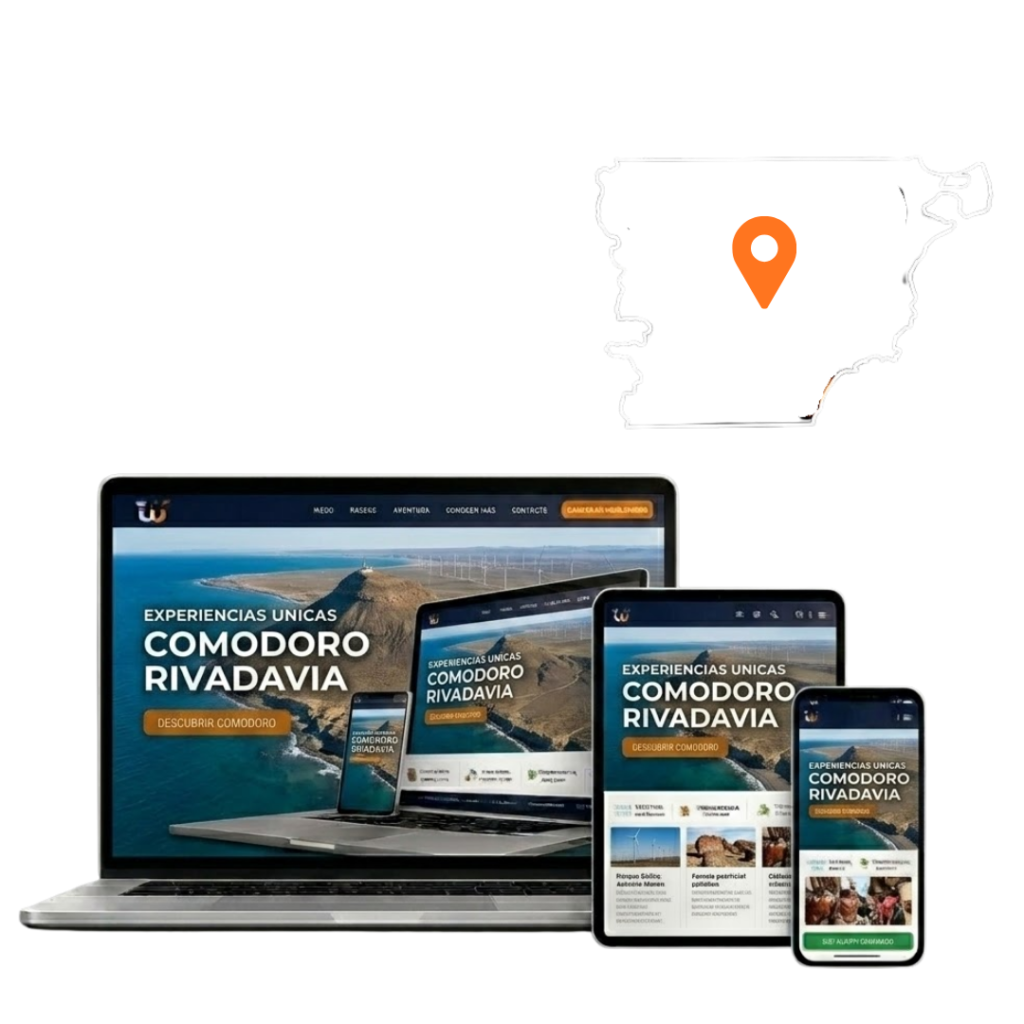 Mockup de diseño web responsivo para empresas en Comodoro Rivadavia, visualizado en dispositivos móviles, tablets y notebooks.