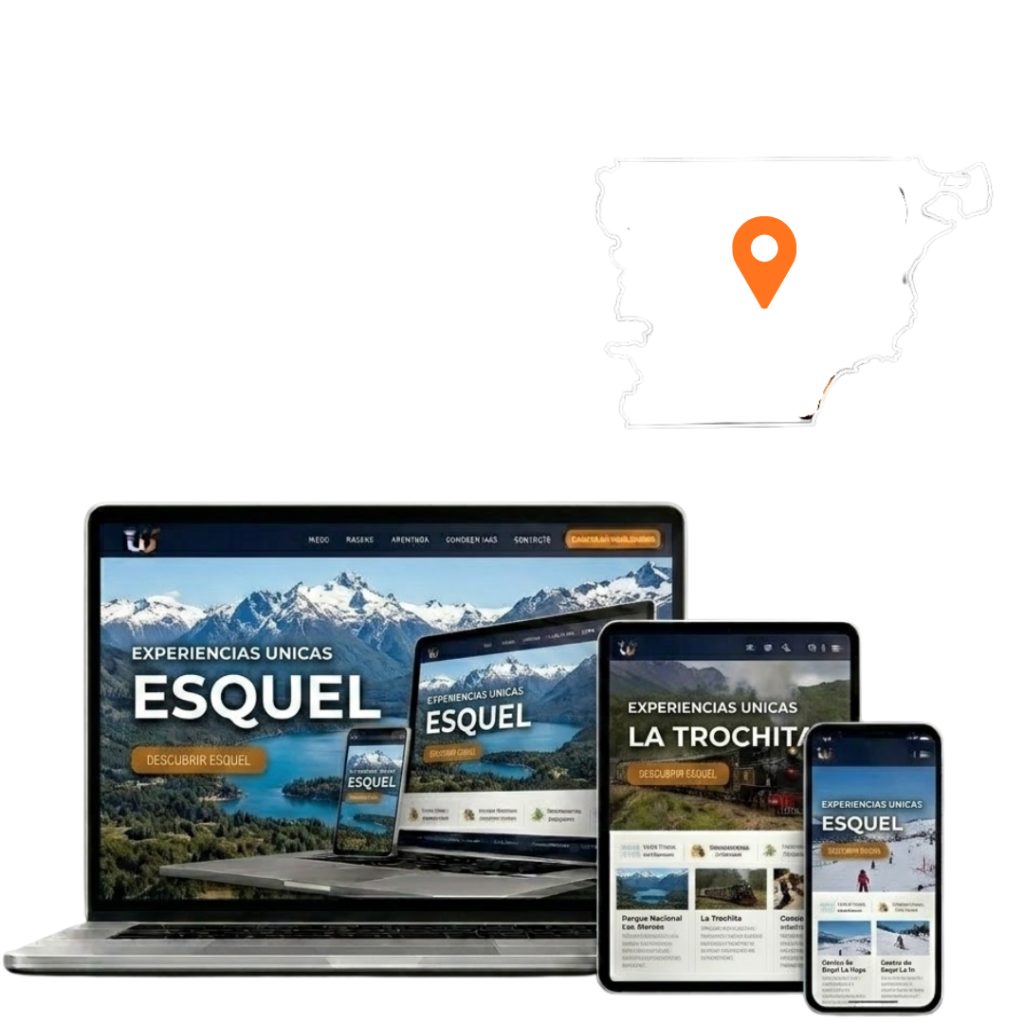 Mockup de sitio web responsivo en Esquel, visualizado en notebook, tablet y celular para diseño de páginas web.