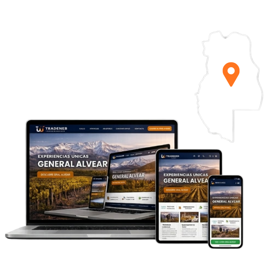Mockup de sitio web adaptativo para empresas en General Alvear, Mendoza, visualizado en computadoras, tablets y teléfonos móviles.