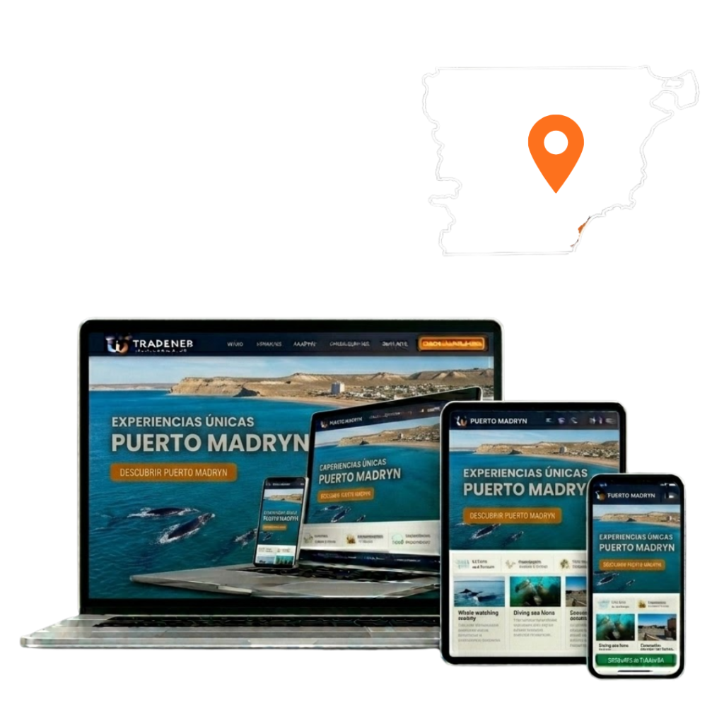 Sitio web adaptativo para empresas en Puerto Madryn visualizado en laptop, tablet y smartphone.