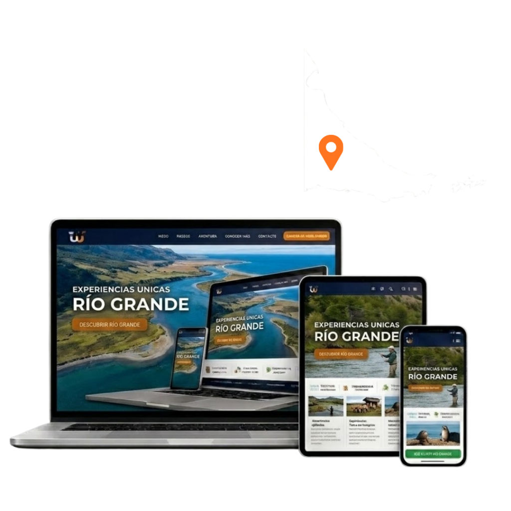 Mockup de diseño web responsivo para Río Grande visualizado en notebook, tablet y smartphone, demostrando adaptabilidad y experiencia de usuario optimizada.