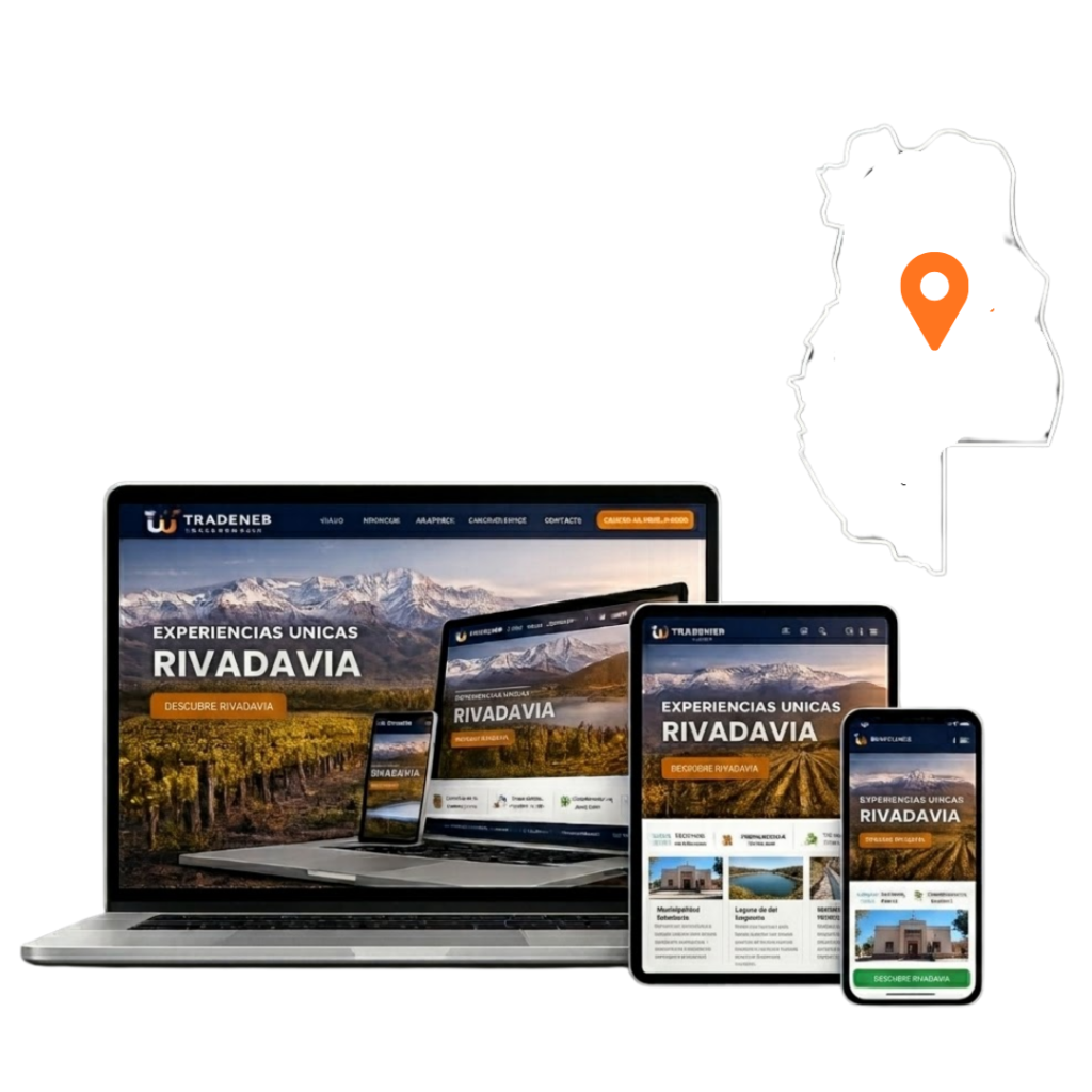 Mockup de landing page para Rivadavia, diseño web adaptable a dispositivos móviles.