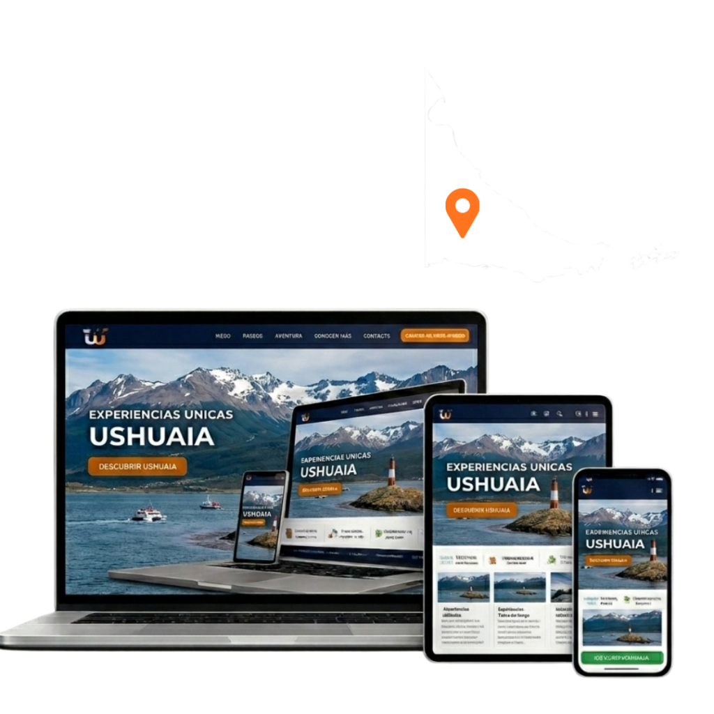 Una maqueta digital de diseño web responsivo para Ushuaia mostrado en laptop, tablet y teléfonos móviles. El sitio web de ejemplo tiene el título 'Experiencias Únicas Ushuaia' y muestra montañas y un faro. Incluye un mapa con ubicación. Demuestra diseño moderno y adaptable.