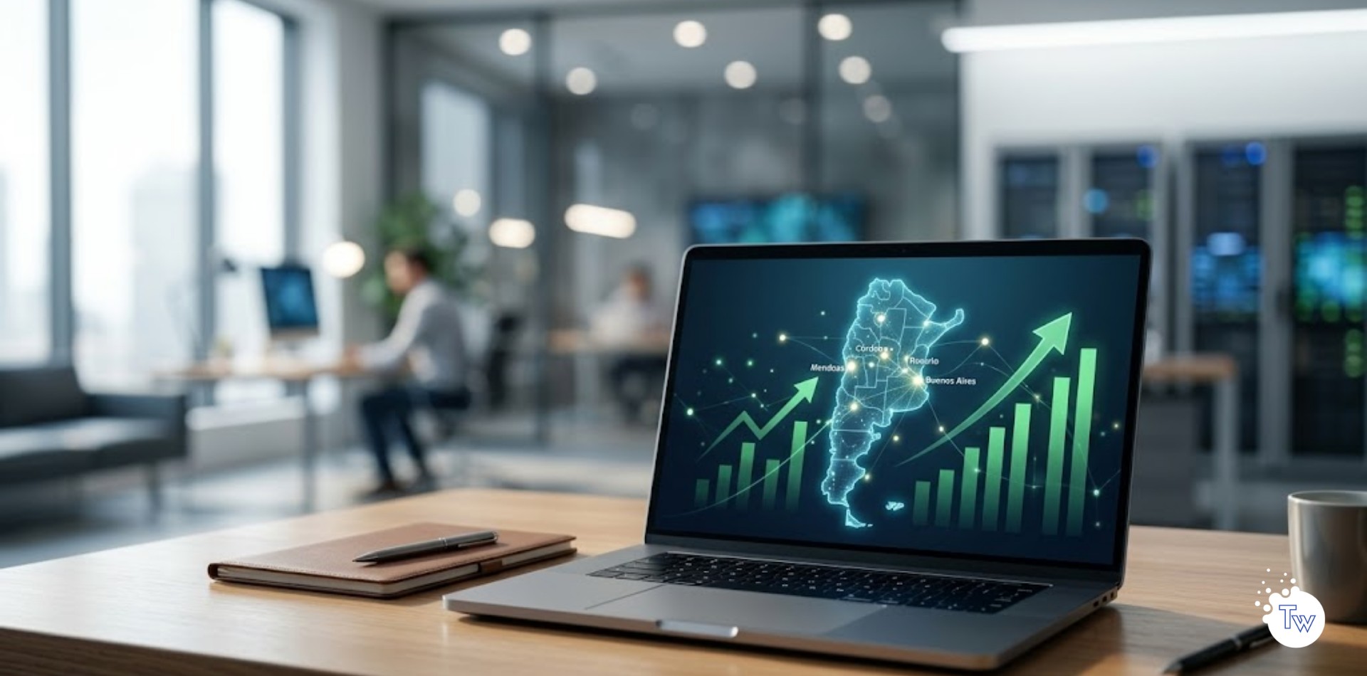Laptop mostrando mapa de crecimiento de Google Ads en Argentina en oficina moderna