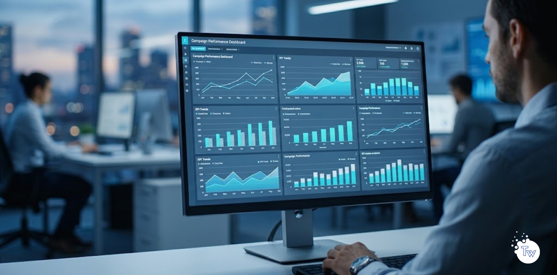 Especialista en marketing digital analizando métricas de rendimiento en monitor Especialista en marketing digital analizando métricas de rendimiento en monitor