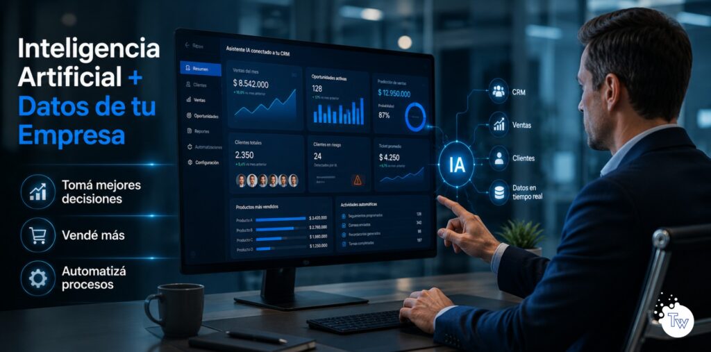 Empresario utilizando inteligencia artificial conectada al CRM para analizar ventas y clientes de su empresa.