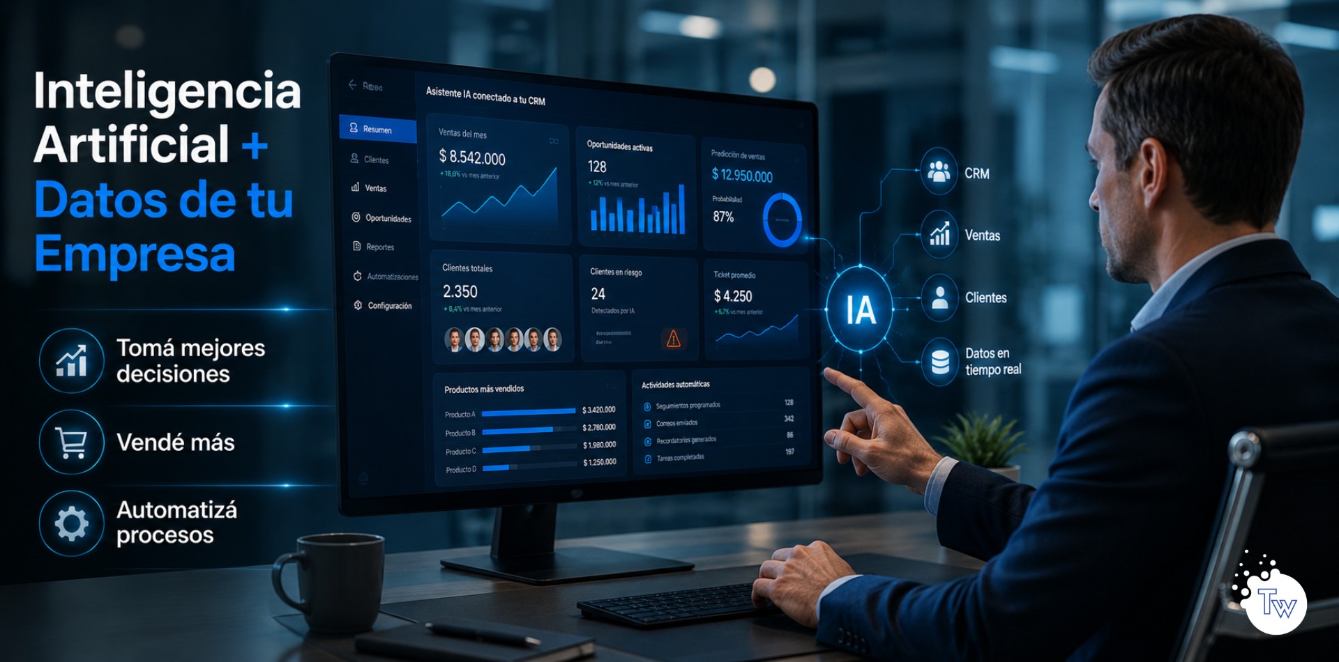 Empresario utilizando inteligencia artificial conectada al CRM para analizar ventas y clientes de su empresa.