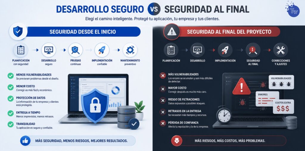 Comparación entre un desarrollo seguro desde el inicio y uno que incorpora seguridad al final.
