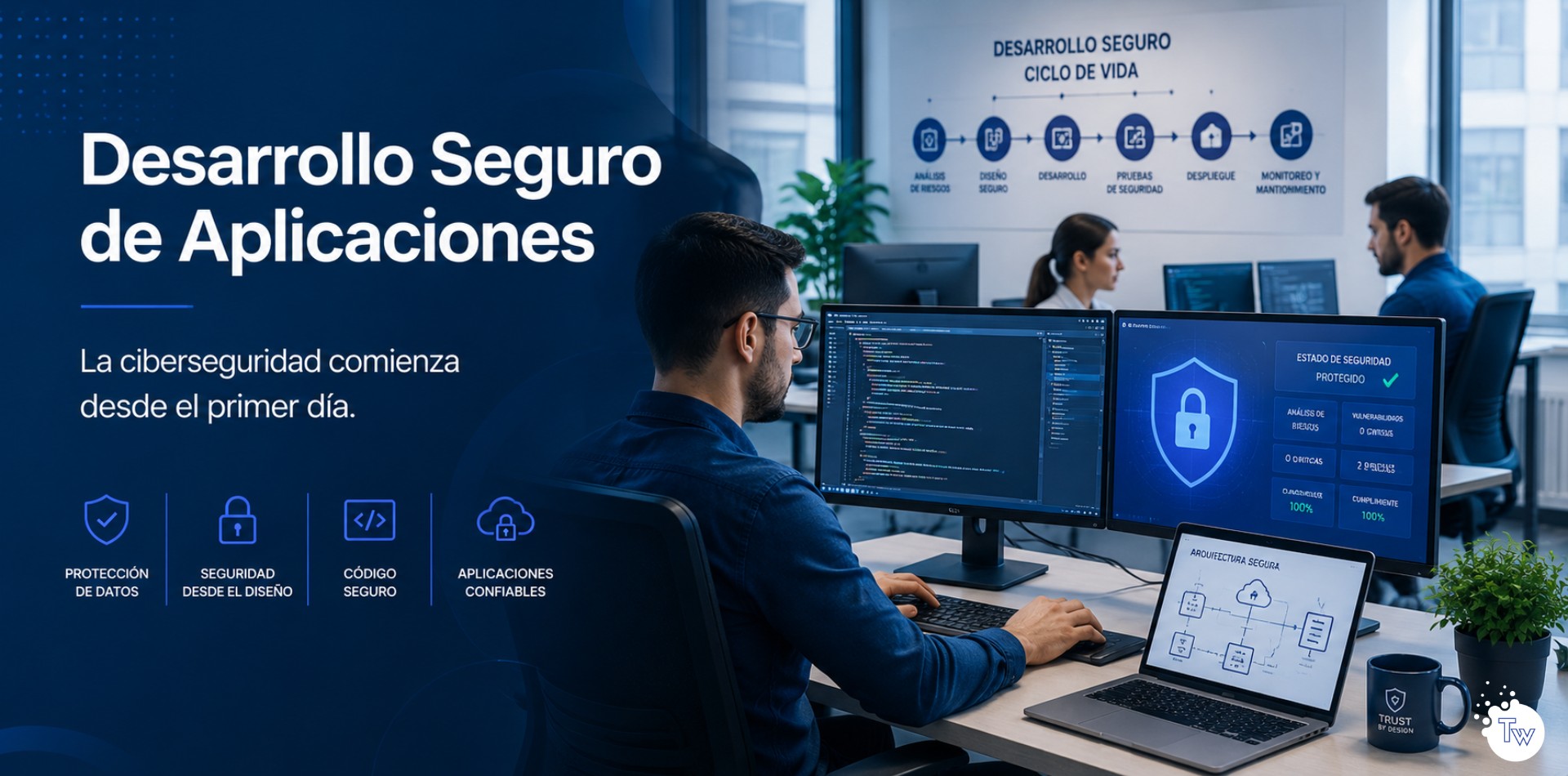 Desarrollo seguro de aplicaciones incorporando ciberseguridad desde el inicio del proyecto.
