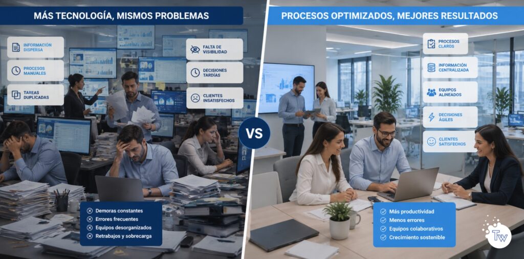 Empresa con mucha tecnología pero procesos desorganizados comparada con una empresa que optimizó sus procesos antes de digitalizarse.