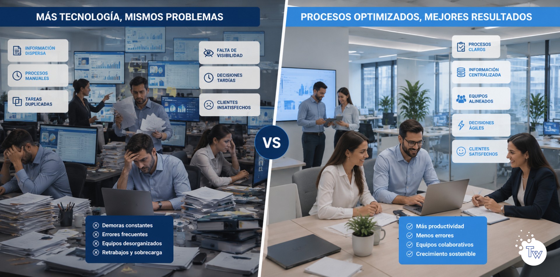 Empresa con mucha tecnología pero procesos desorganizados comparada con una empresa que optimizó sus procesos antes de digitalizarse.