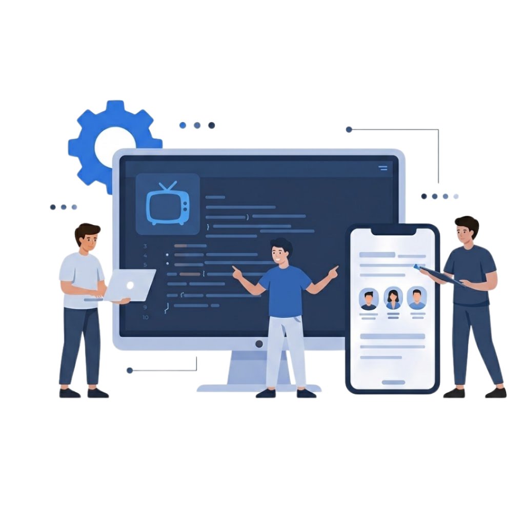 Equipo de profesionales realizando desarrollo de software a medida y diseño de aplicaciones móviles.