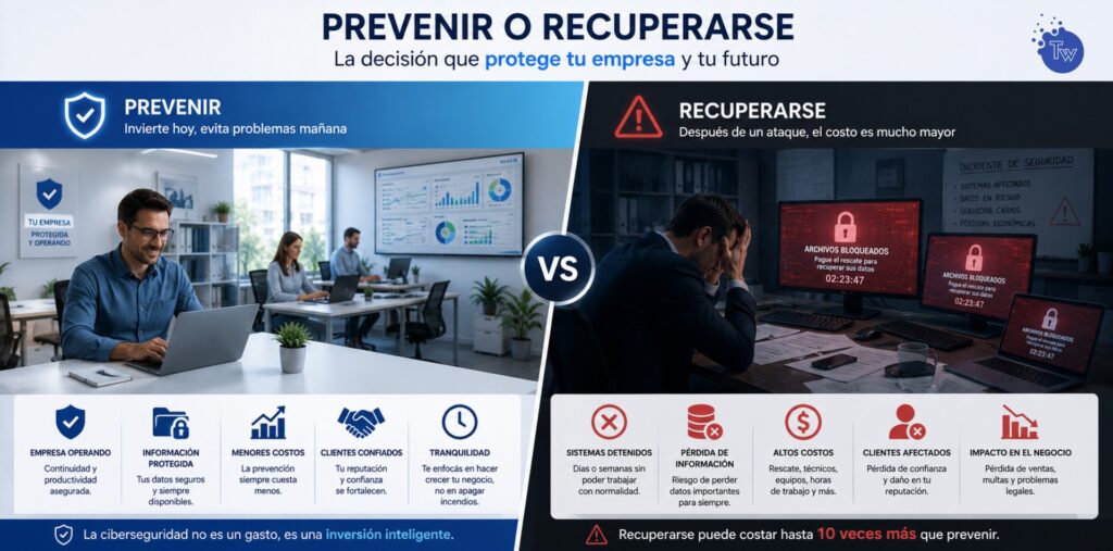 Comparación entre prevenir un ataque informático y afrontar las consecuencias después de un incidente.