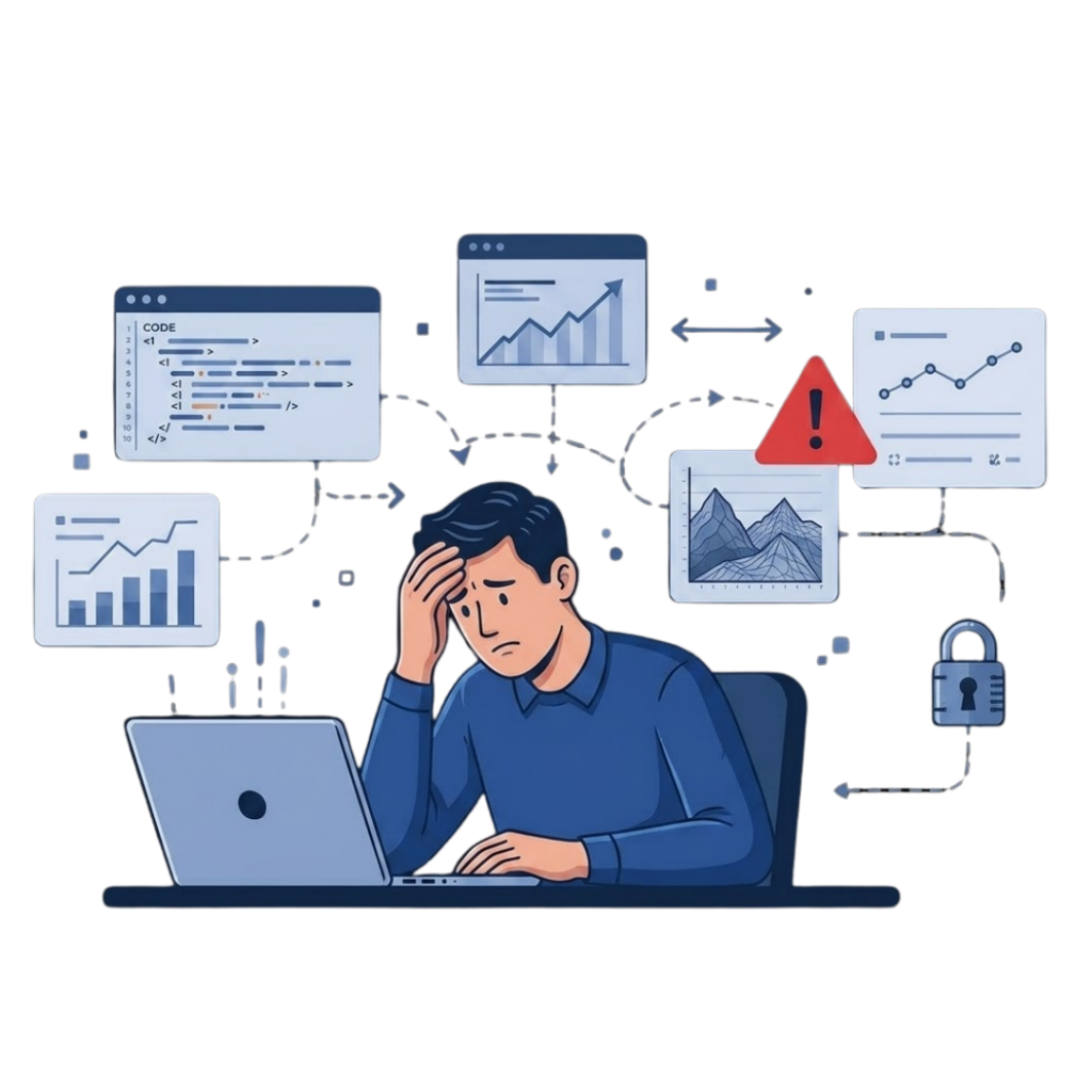 Desafíos operativos, vulnerabilidades de seguridad web y procesos manuales en sistemas de software.