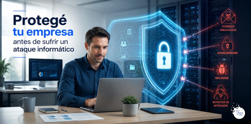 Empresario protegiendo la información de su empresa mediante una estrategia de ciberseguridad preventiva.